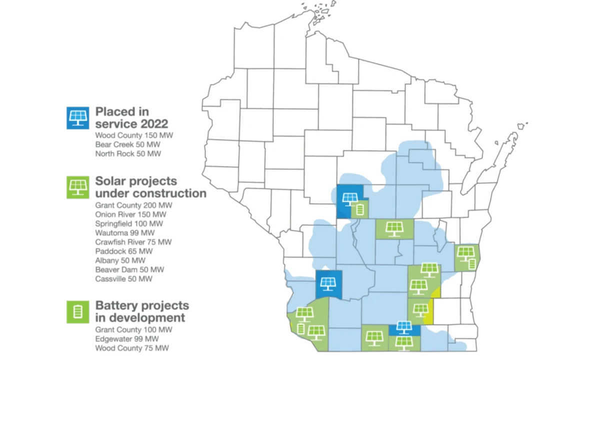 map of solar and batteries on wisconsin