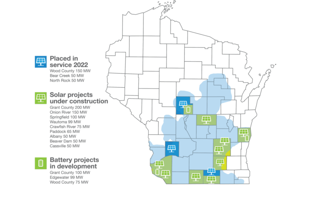 map of solar and batteries on wisconsin