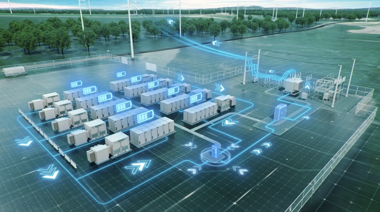 Rendering of energy moving from battery storage site to power lines