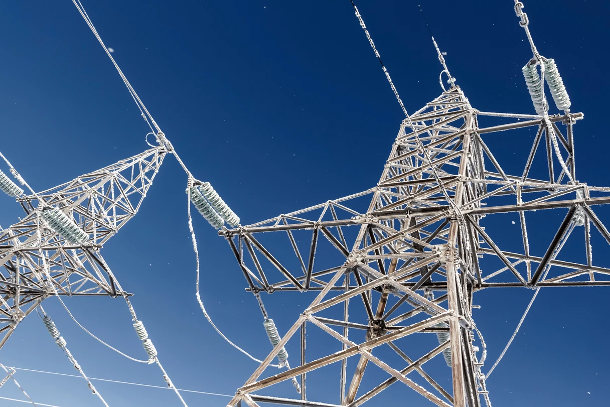 Power lines covered in ice